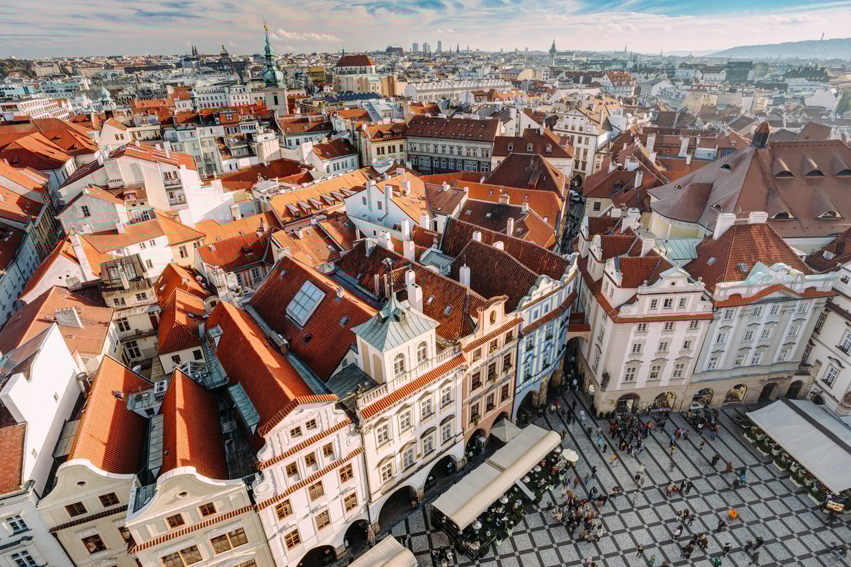Cityscape of Prague, Czech Republic. View viewpoint old hall tower